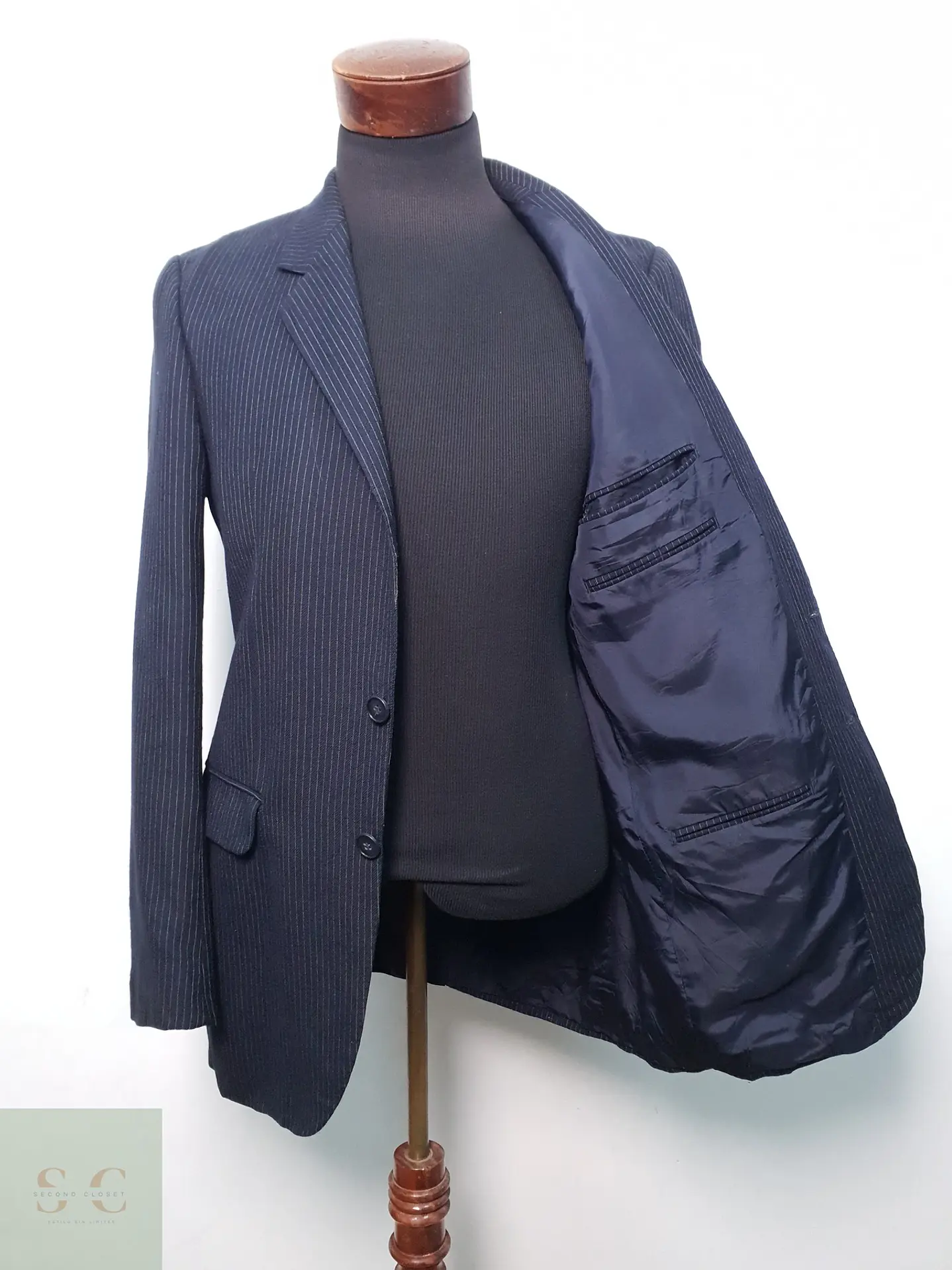 Blazer Sastre Vintage en Lana Virgen Azul Marino con Raya Tiza Talla S 5