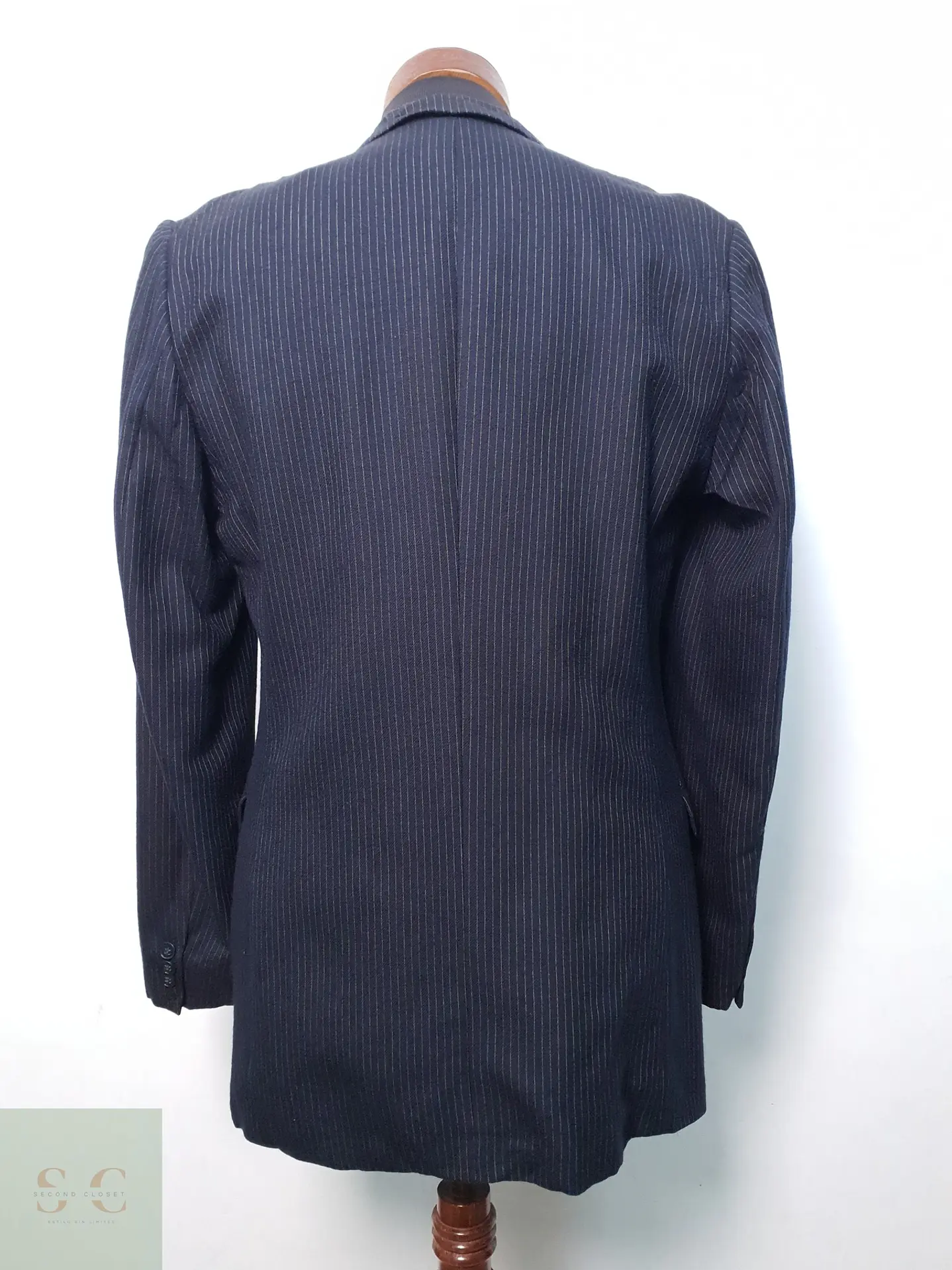 Blazer Sastre Vintage en Lana Virgen Azul Marino con Raya Tiza Talla S 6