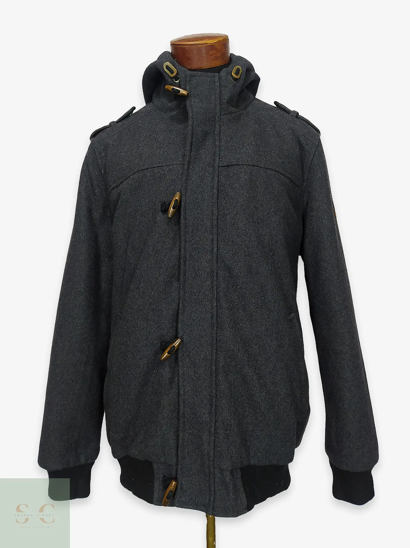 Chaqueta de Paño Gris Plomo con Capucha y Alamares Talla ML 1