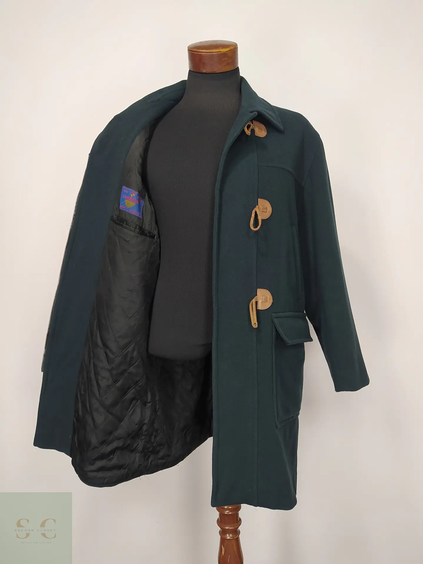 Abrigo Duffle Coat Verde Forestal en Paño de Lana Charles Valentino Talla L 6