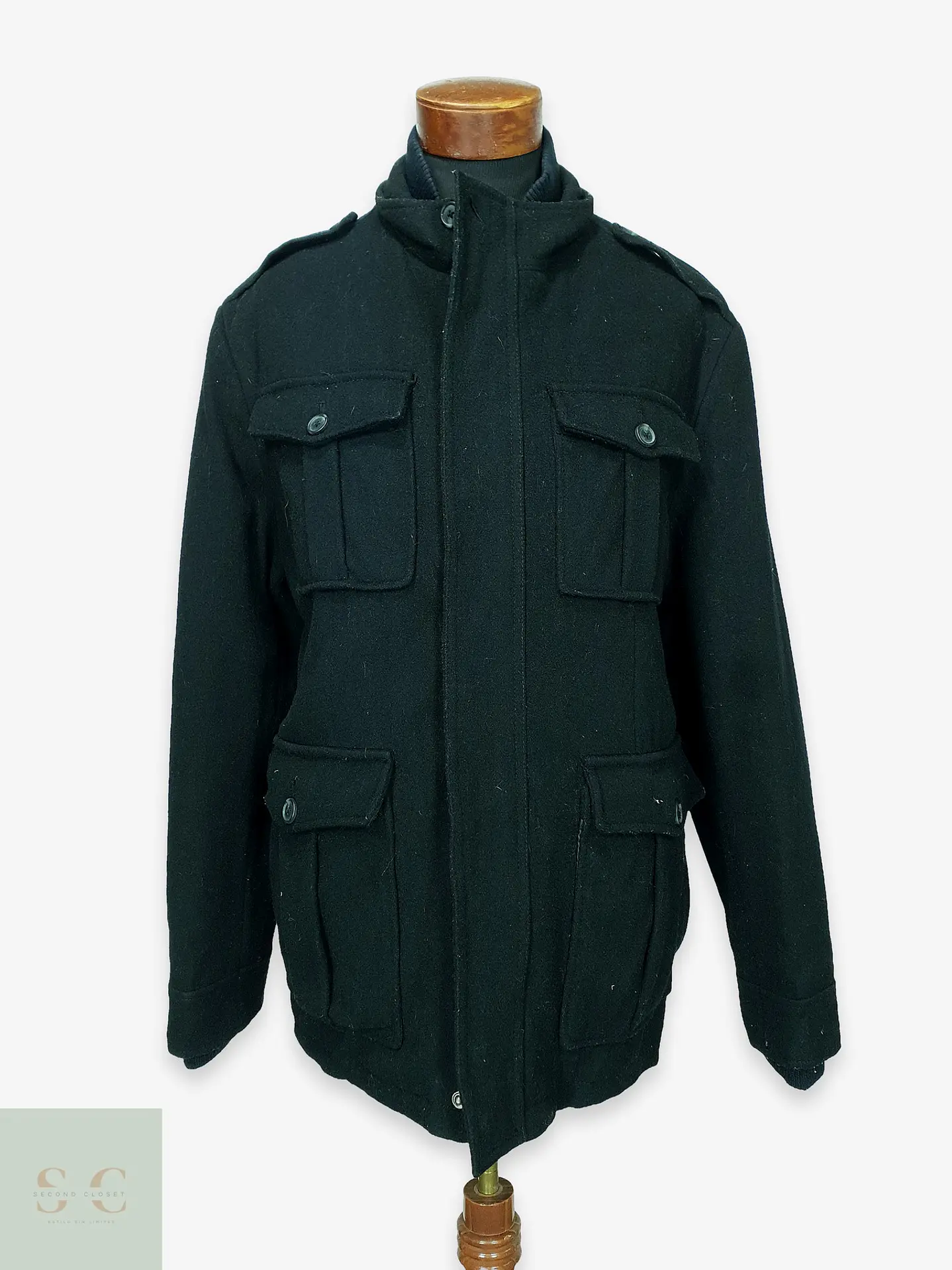 Chaqueta Corta de Paño de Lana Estilo Militar con Cuello Tejido Merona Talla XL 1