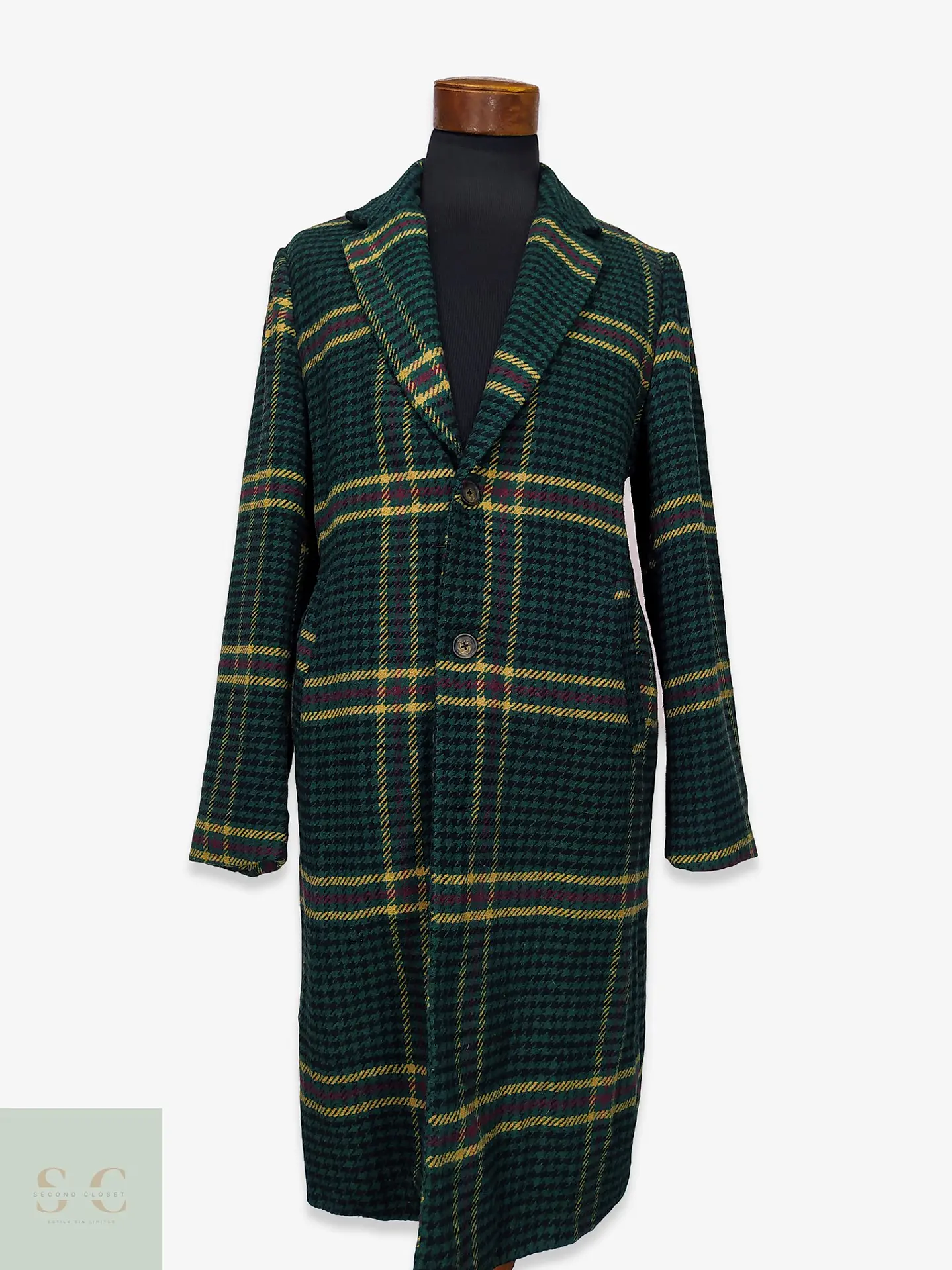 Abrigo Largo en Paño Tartán Verde con Solapa Clásica Forever 21 Men Talla ML 1