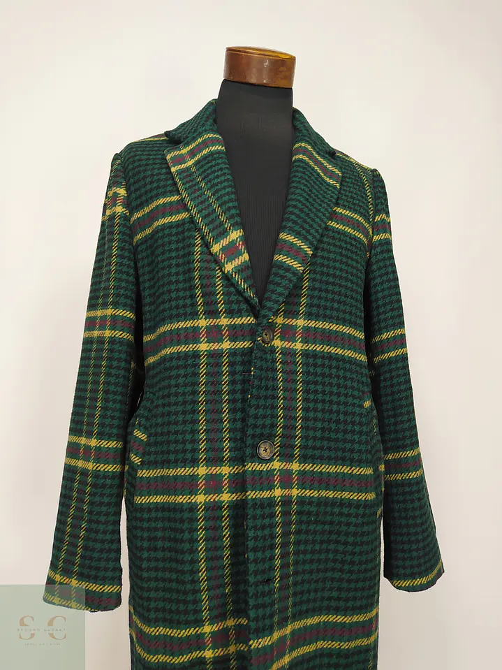 Abrigo Largo en Paño Tartán Verde con Solapa Clásica Forever 21 Men Talla ML 2