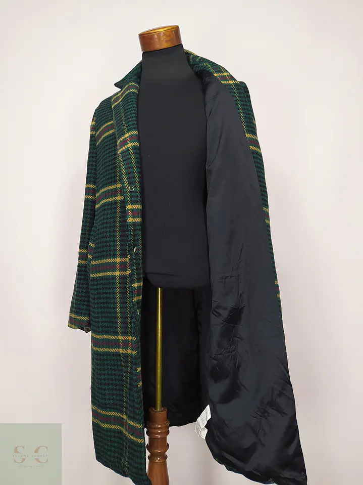 Abrigo Largo en Paño Tartán Verde con Solapa Clásica Forever 21 Men Talla ML 6