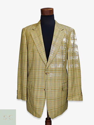 Blazer de Paño de Lana Virgen con Patrón de Cuadros Mostaza Talla L