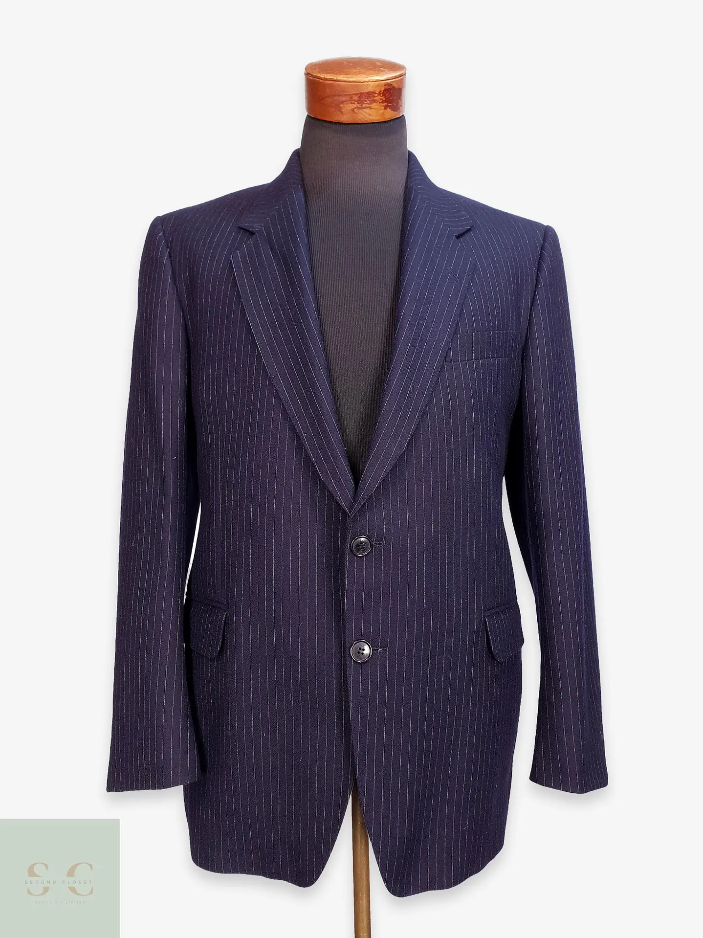 Blazer Clásico de Lana Azul Marino con Raya Diplomática Gotthard Policke Talla M 1