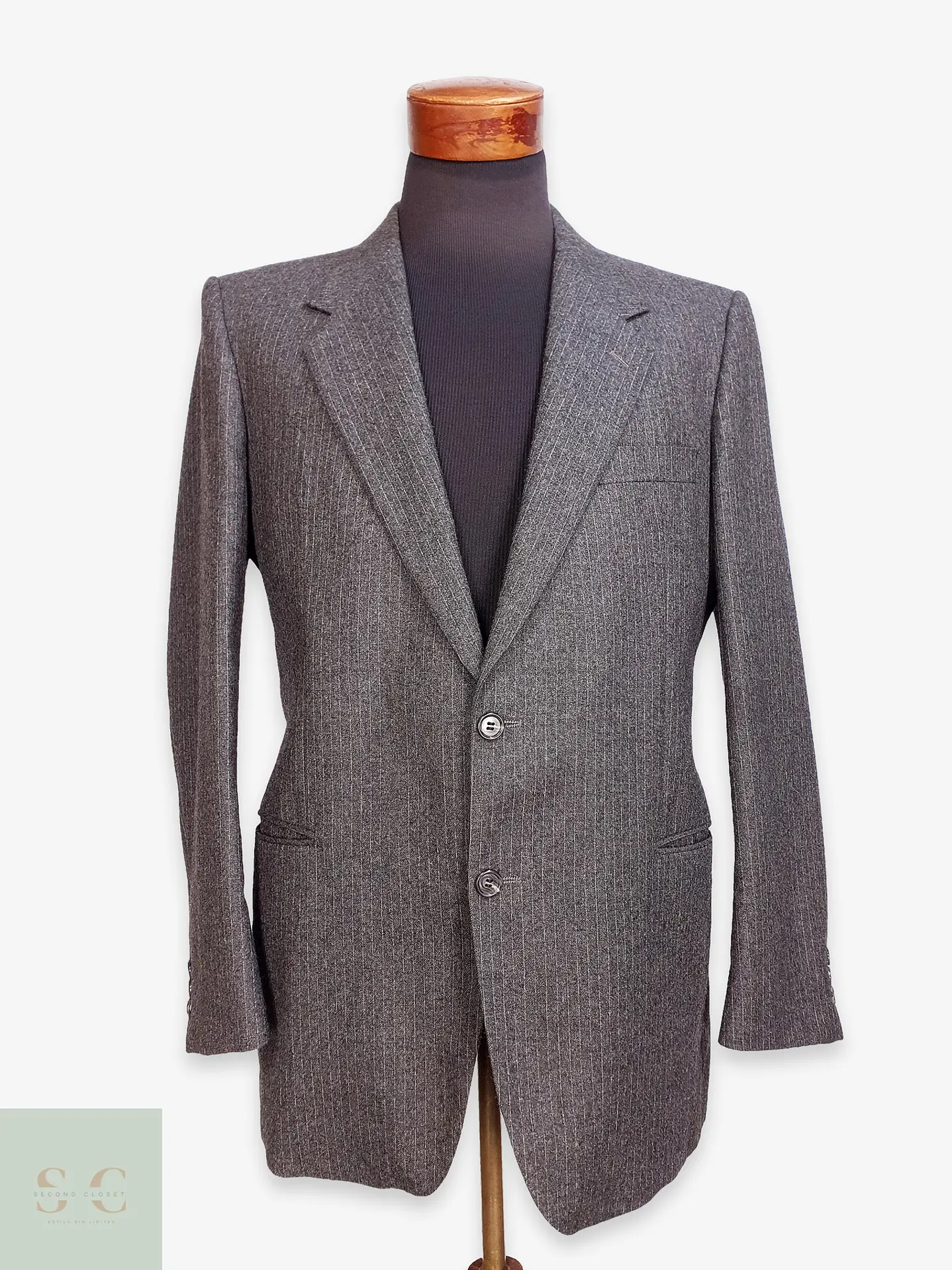 Blazer Vintage de Paño Gris Pinstripe en Lana Virgen Talla M 1