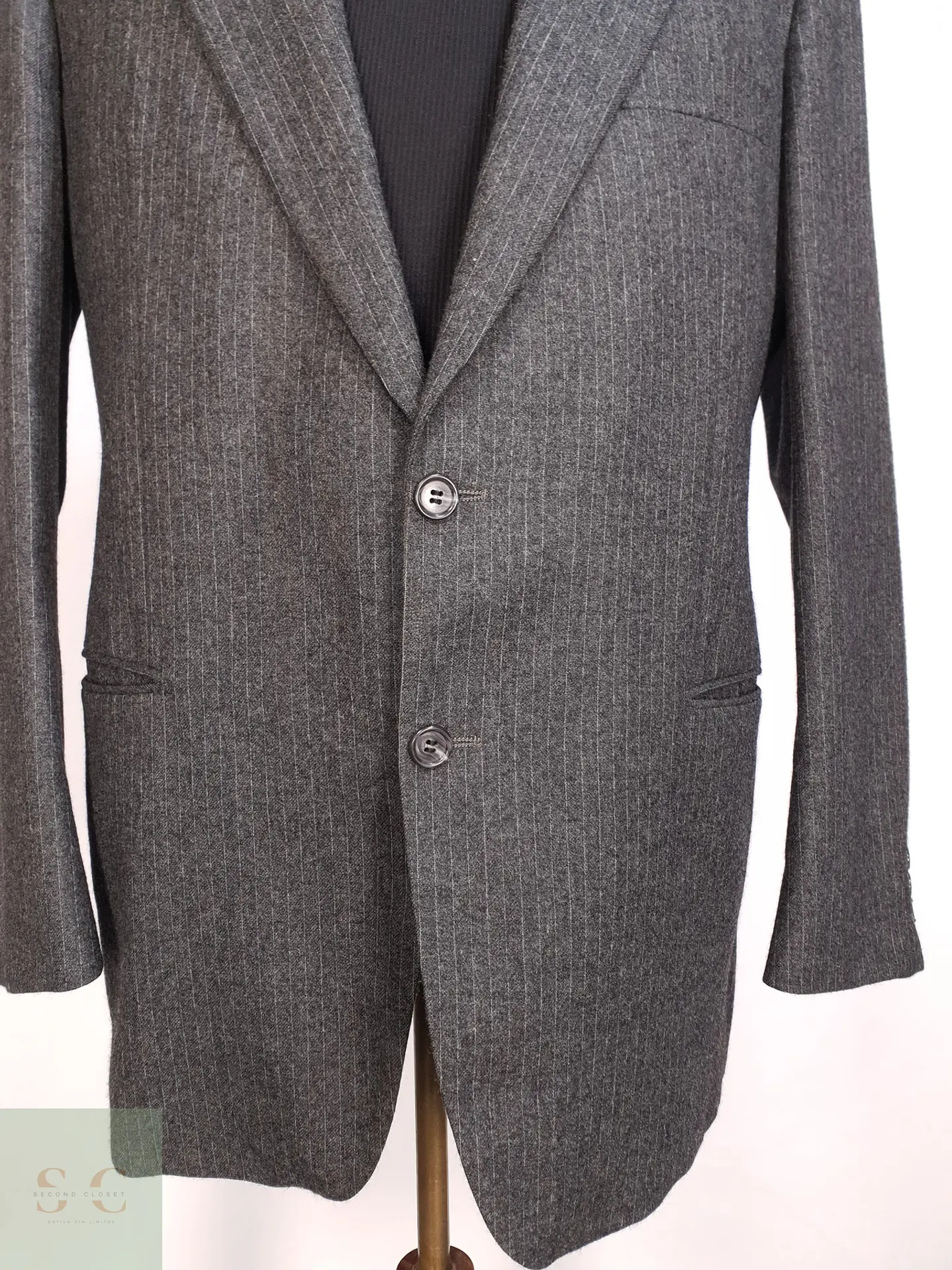 Blazer Vintage de Paño Gris Pinstripe en Lana Virgen Talla M 2