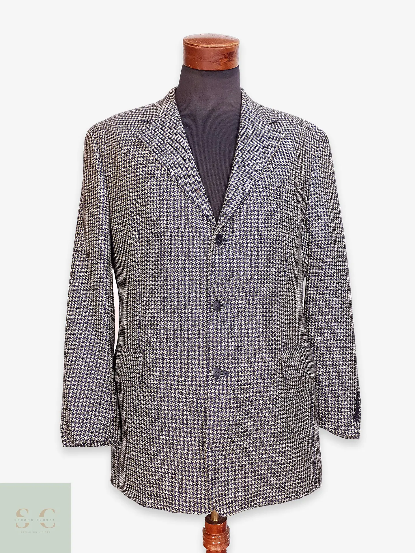 Blazer Clásico en Paño Micro-Check Azul y Dorado Talla XL 1