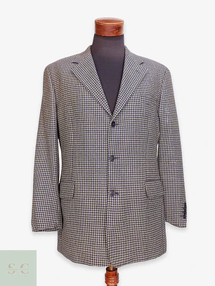 Blazer Clásico en Paño Micro-Check Azul y Dorado Talla XL