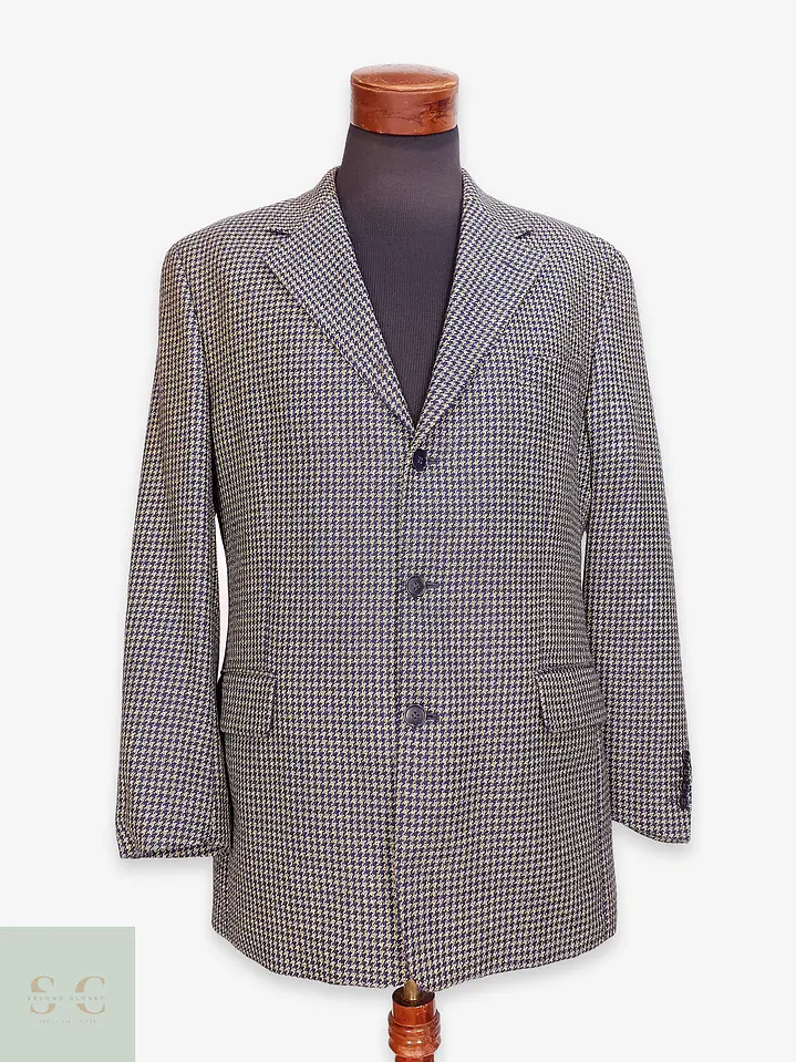 Blazer Clásico en Paño Micro-Check Azul y Dorado Talla XL 1