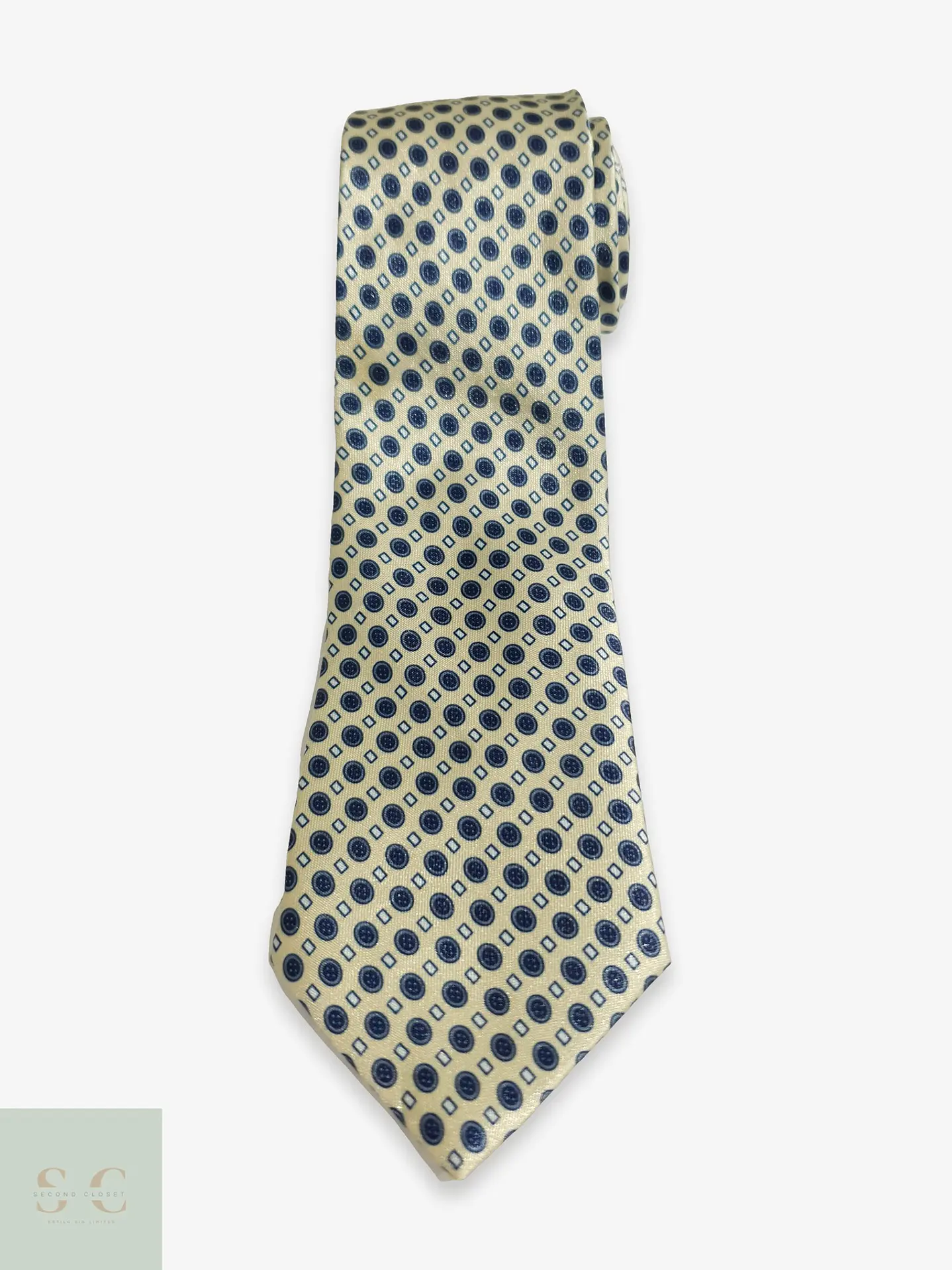 Corbata Clásica de Patrón Geométrico Crema y Azul 1