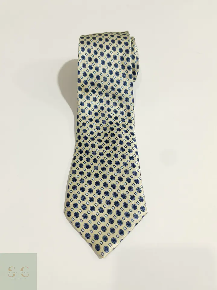 Corbata Clásica de Patrón Geométrico Crema y Azul 2