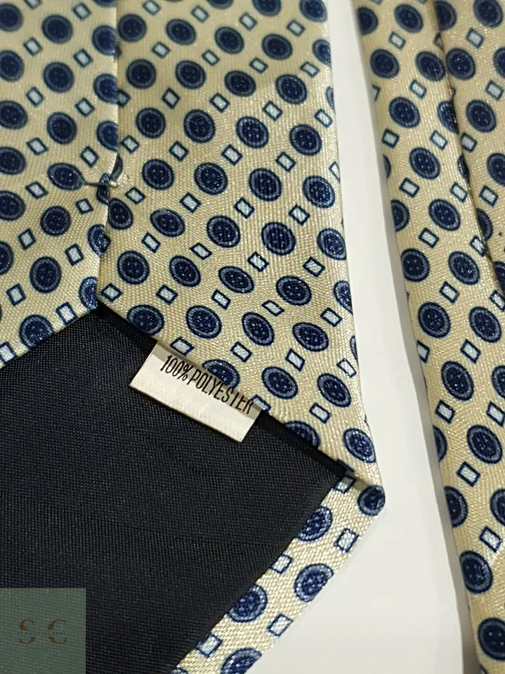 Corbata Clásica de Patrón Geométrico Crema y Azul 3