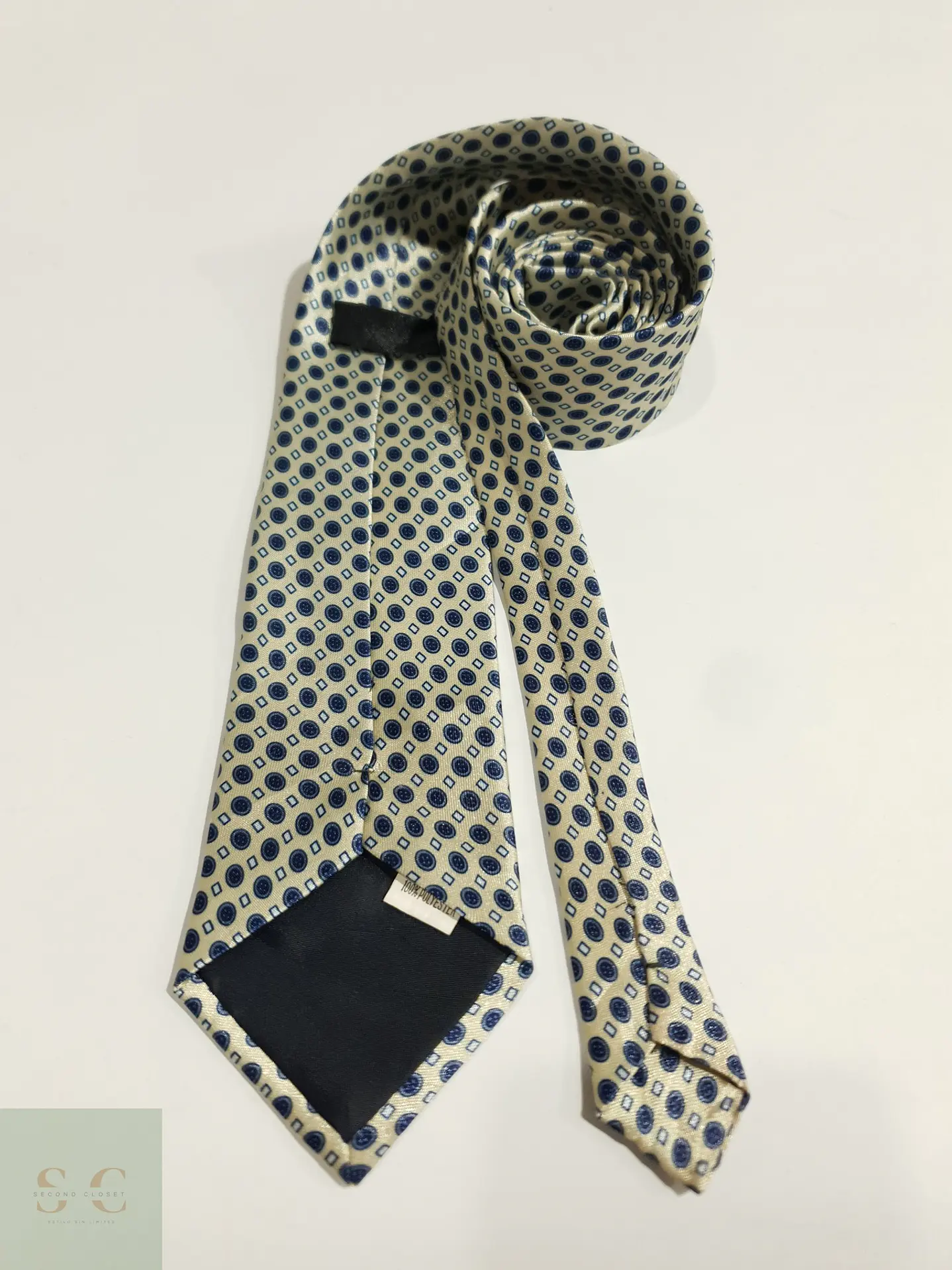 Corbata Clásica de Patrón Geométrico Crema y Azul 4