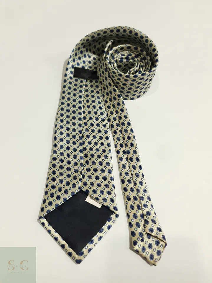 Corbata Clásica de Patrón Geométrico Crema y Azul 4