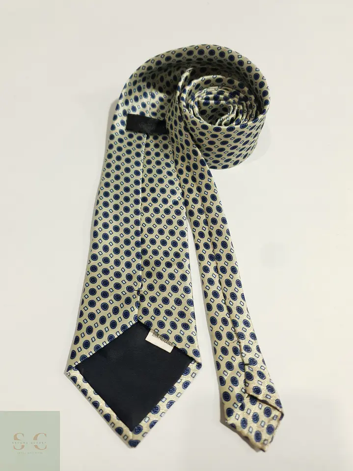 Corbata Clásica de Patrón Geométrico Crema y Azul 5
