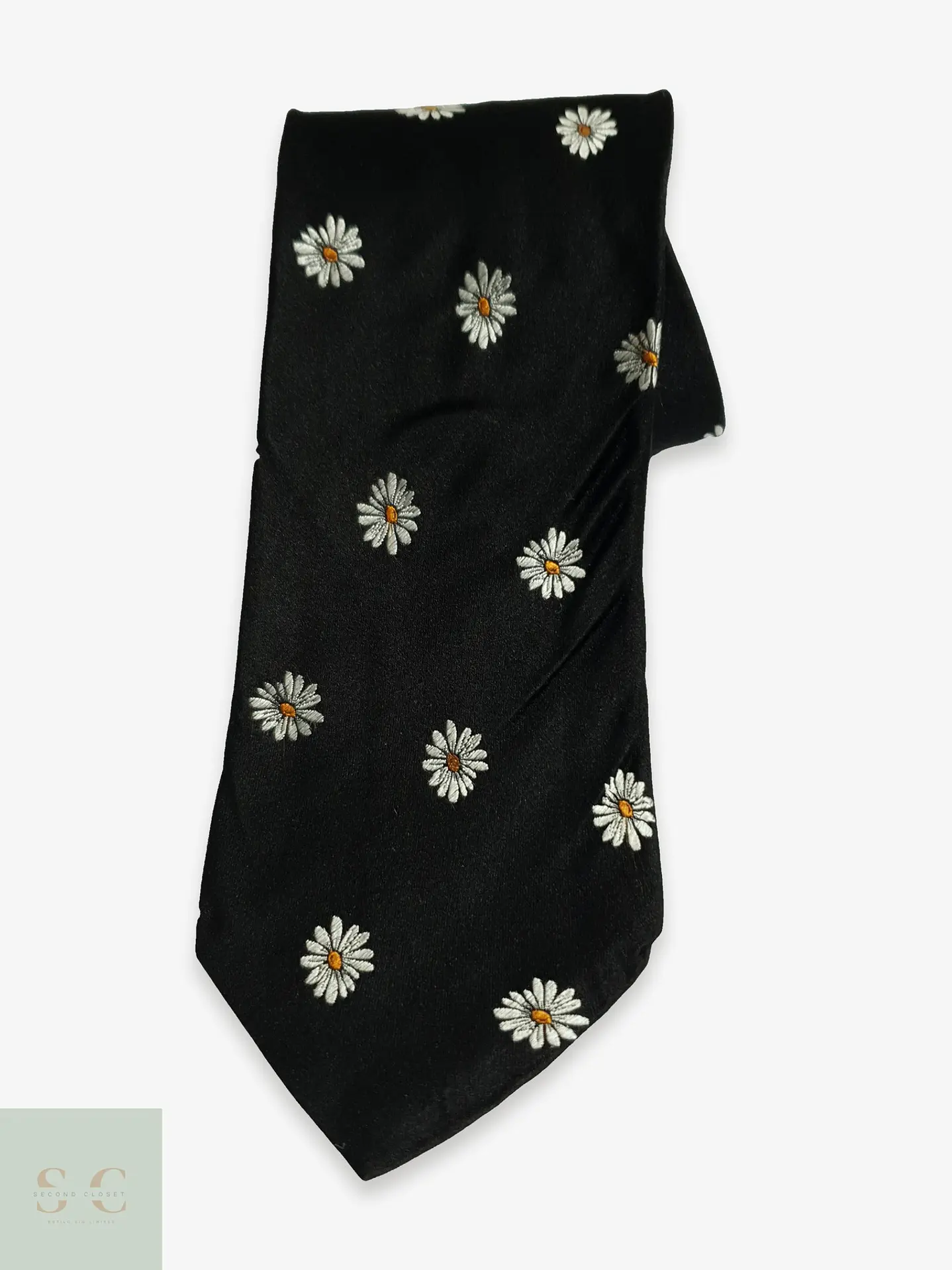 Corbata de Seda Negra con Motivo Floral de Margaritas Salmone 1