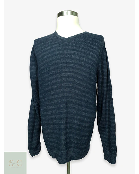 Suéter de Punto Listado con Cuello en V en Azul Marino TEX Talla LXL