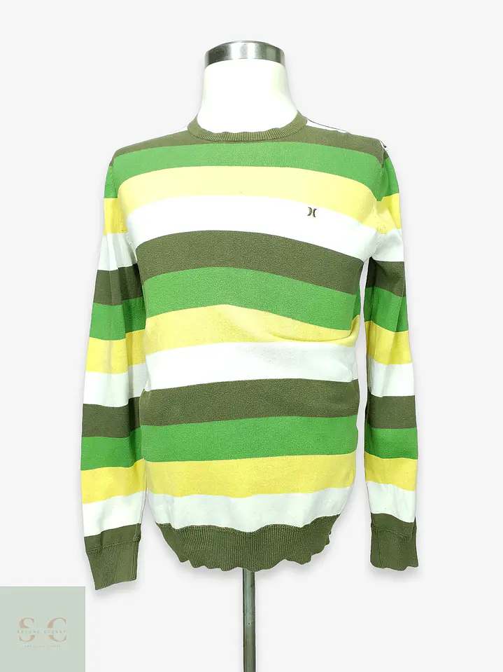 Jersey de Punto Fino a Franjas en Verde Oliva y Amarillo Hurley Talla L 1