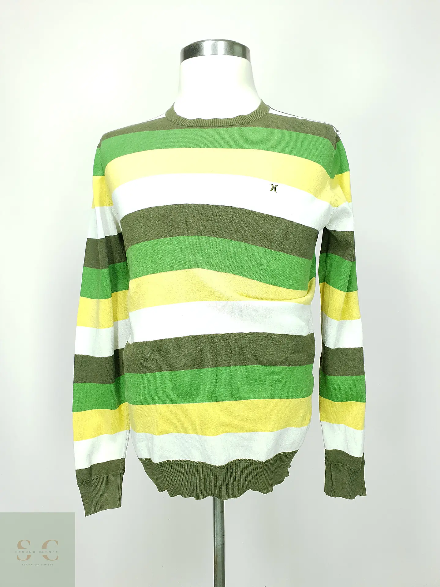 Jersey de Punto Fino a Franjas en Verde Oliva y Amarillo Hurley Talla L 2