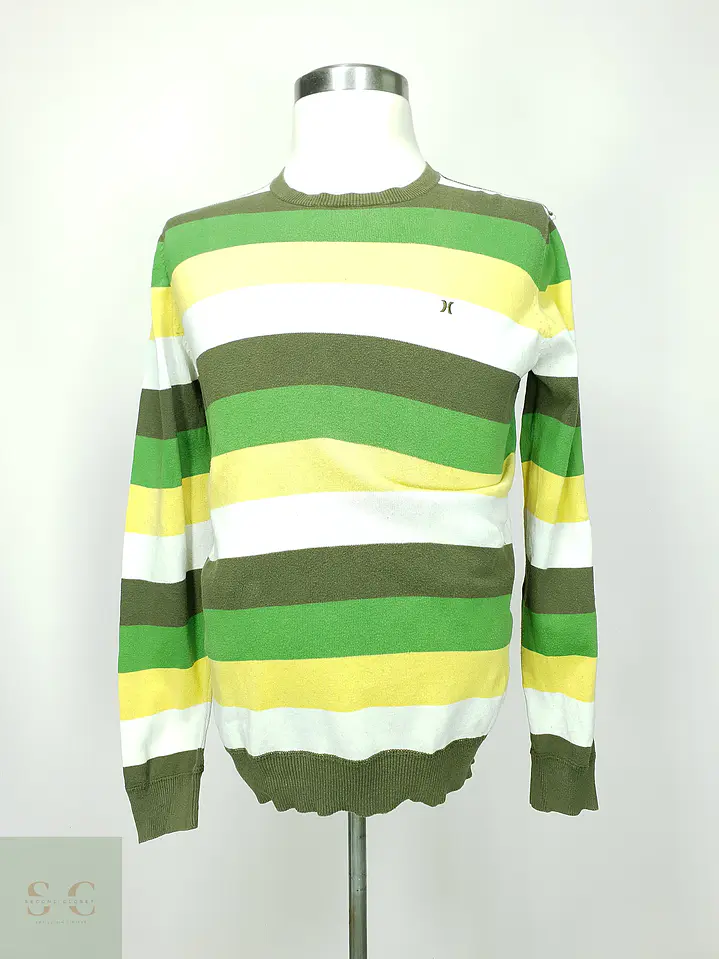 Jersey de Punto Fino a Franjas en Verde Oliva y Amarillo Hurley Talla L 2