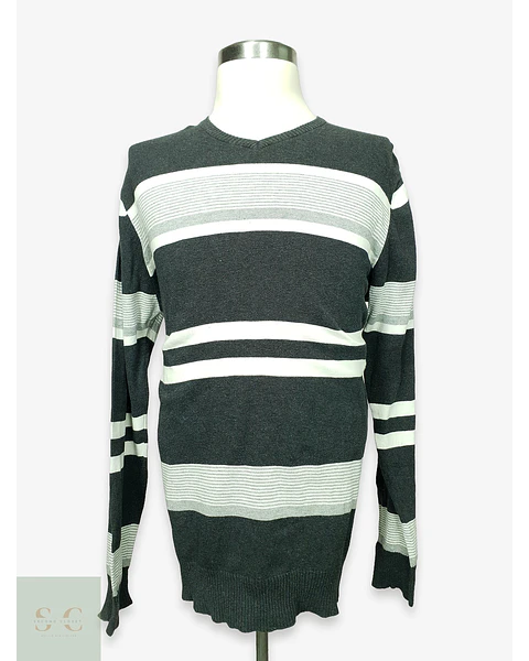 Suéter de Punto con Cuello en V a Rayas en Gris Antracita Smog Talla LXL