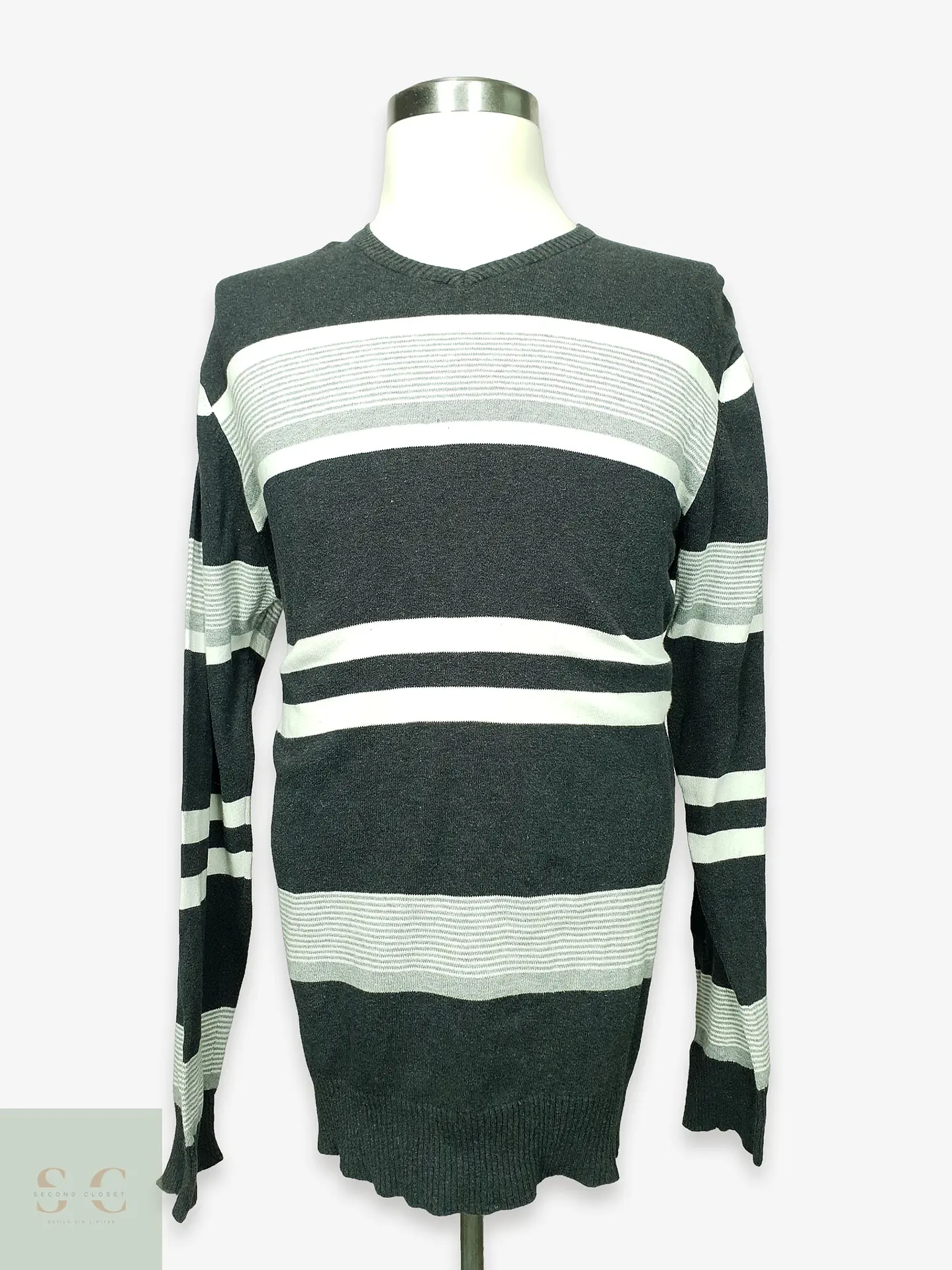 Suéter de Punto con Cuello en V a Rayas en Gris Antracita Smog Talla LXL 1
