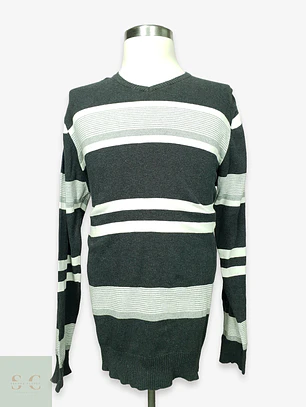 Suéter de Punto con Cuello en V a Rayas en Gris Antracita Smog Talla LXL