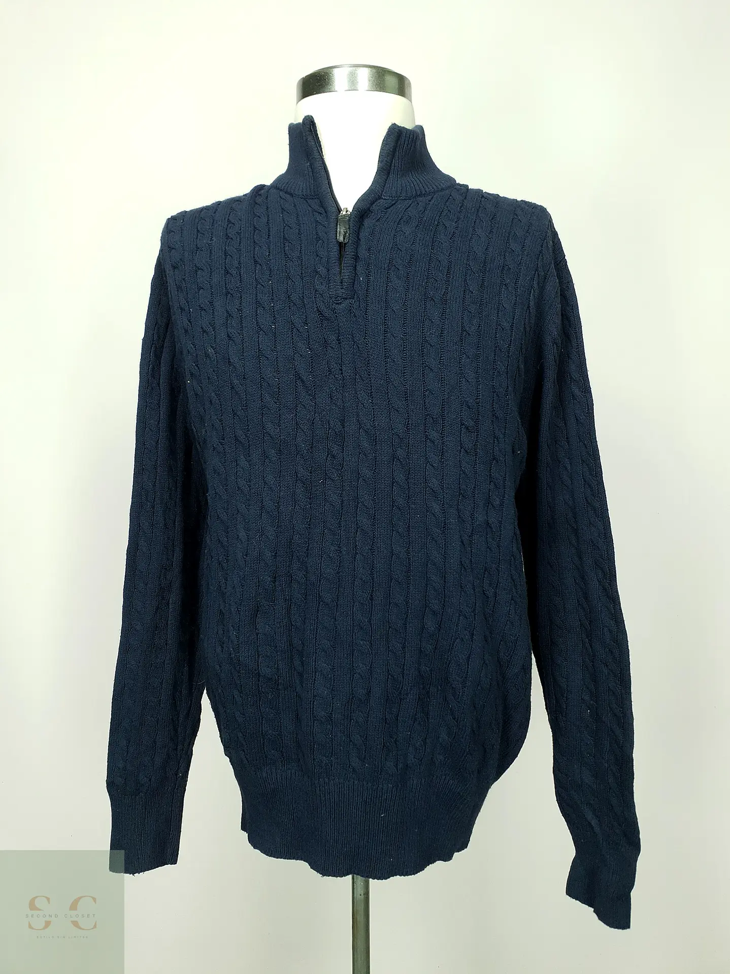 Suéter de Punto Trenzado con Medio Cierre en Azul Marino Identic Man Talla XL 2