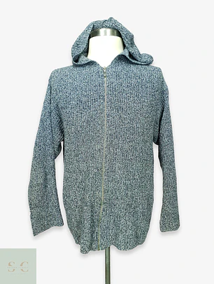 Cárdigan de Punto Grueso con Capucha en Azul Jaspeado Talla XL
