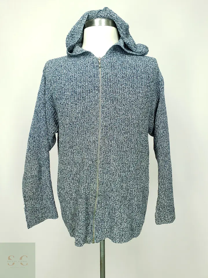 Cárdigan de Punto Grueso con Capucha en Azul Jaspeado Talla XL 2