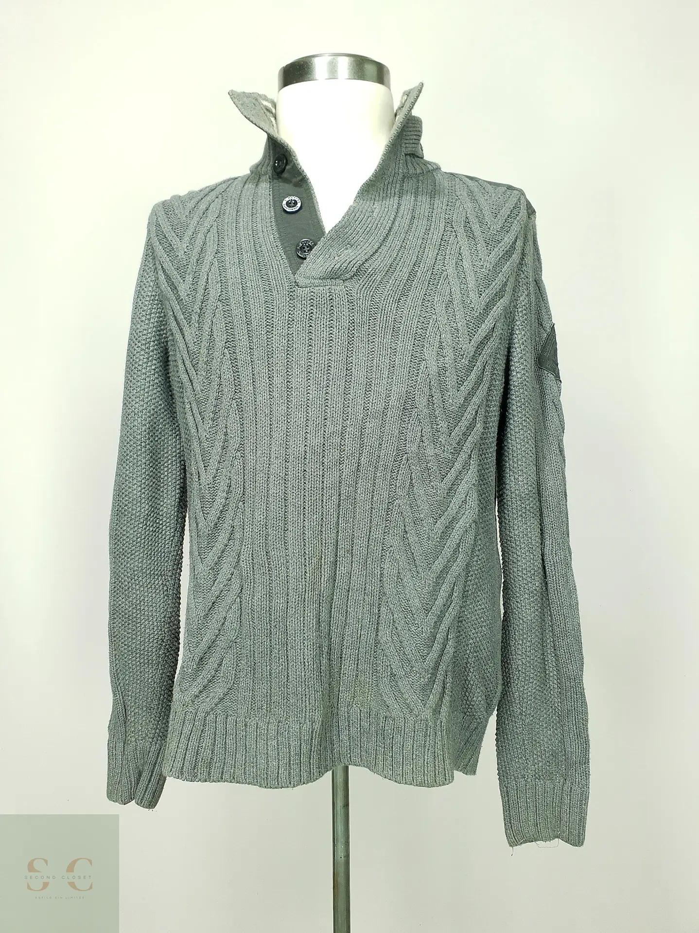 Suéter de Punto Trenzado con Cuello Alto Botonado en Gris Melange s.Oliver Talla ML 2