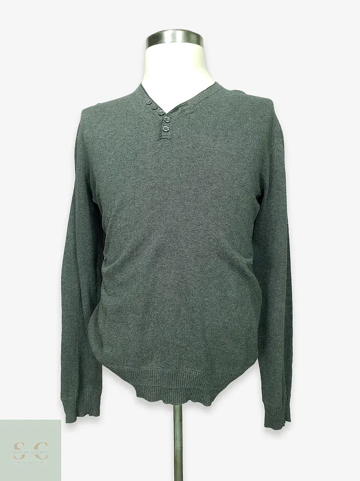 Suéter de Punto Fino Henley en Gris Melange For Friends Talla L 1