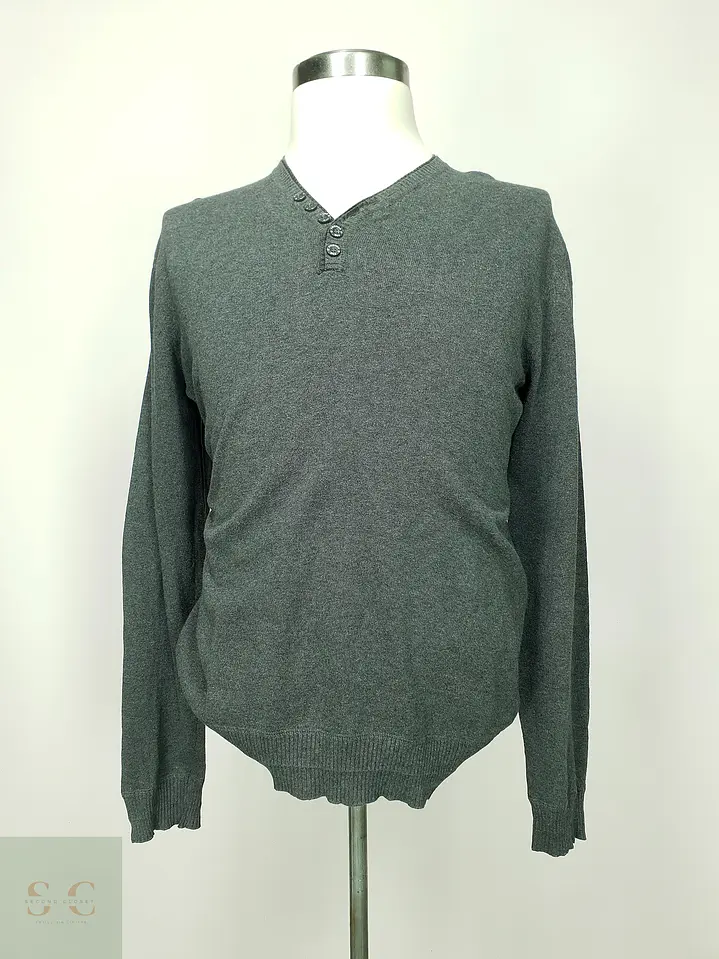 Suéter de Punto Fino Henley en Gris Melange For Friends Talla L 2