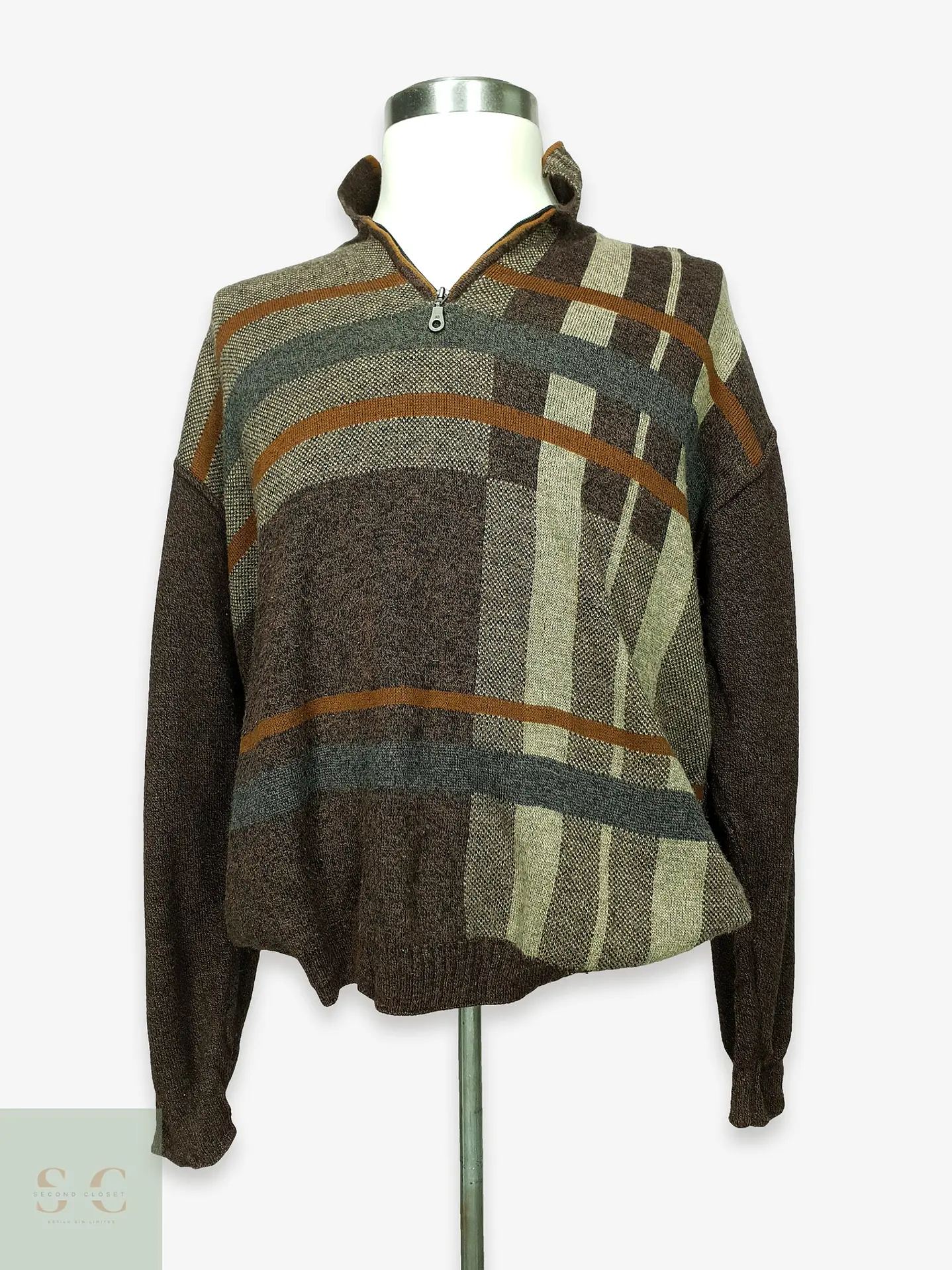 Jersey de Punto Jacquard con Medio Cierre en Marrón Tostado Babista Talla XL 1