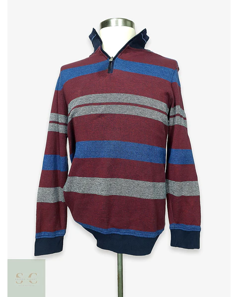 Sweater de Punto a Rayas con Medio Cierre en Rojo Burdeos y Azul Dunmore Talla L