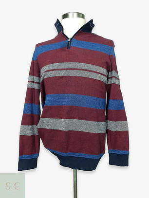 Sweater de Punto a Rayas con Medio Cierre en Rojo Burdeos y Azul Dunmore Talla L