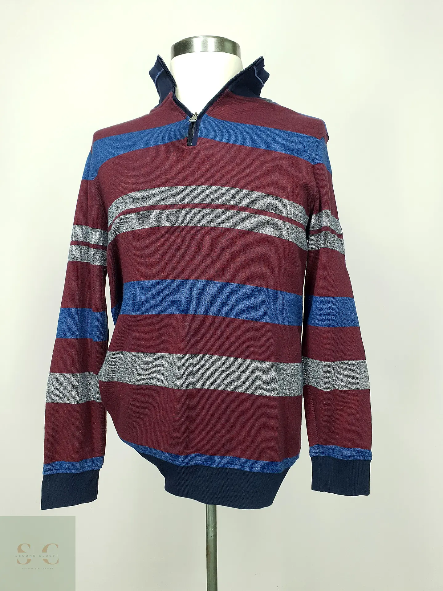 Sweater de Punto a Rayas con Medio Cierre en Rojo Burdeos y Azul Dunmore Talla L 2