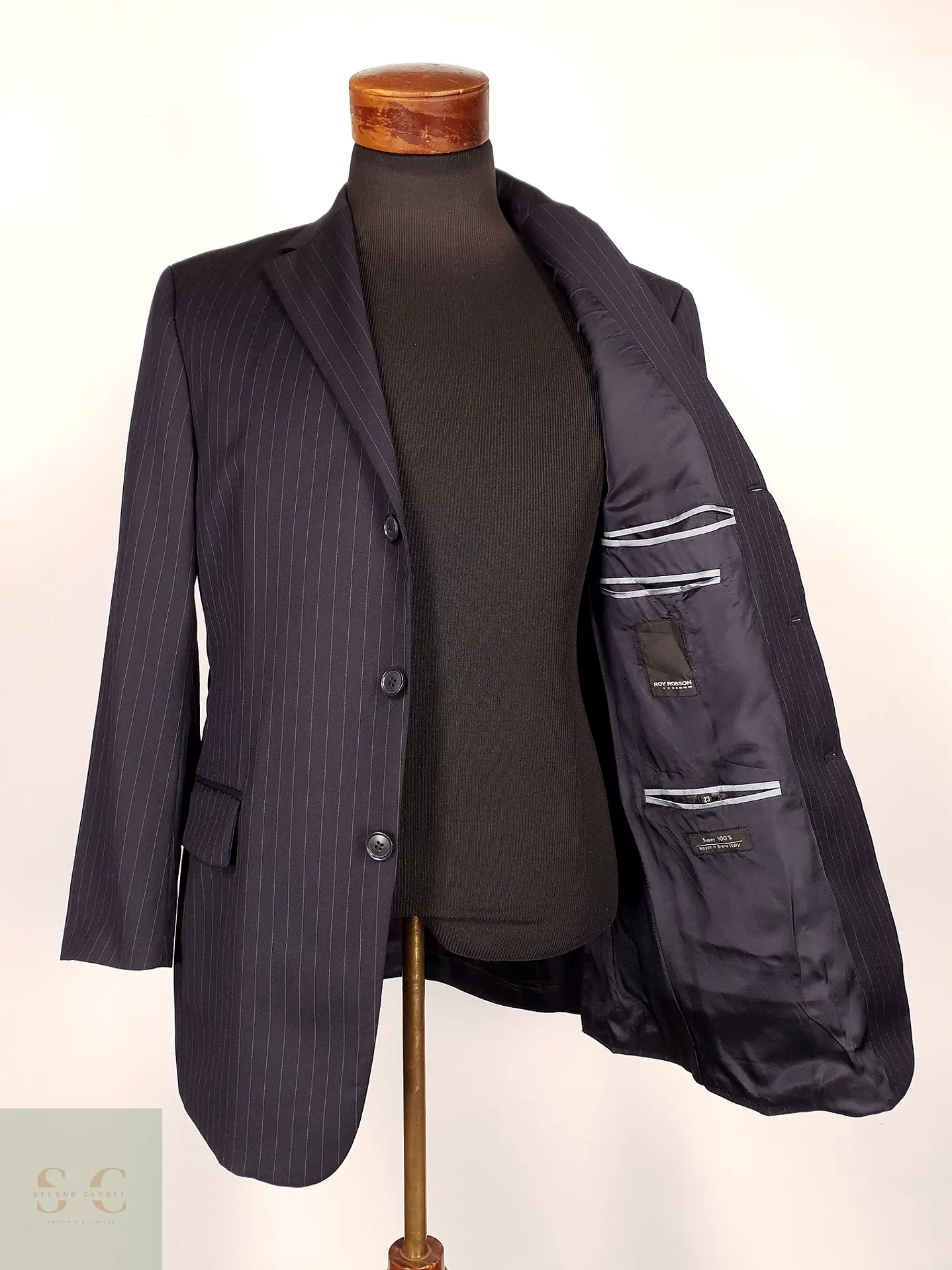 Blazer Roy Robson Azul Rayas Italiano 100% Lana Virgen Talla SM 9