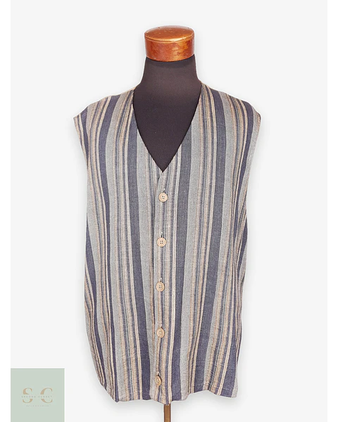 Chaleco Gilet Rayas Azules y Café Algodón Lino Talla 2XL