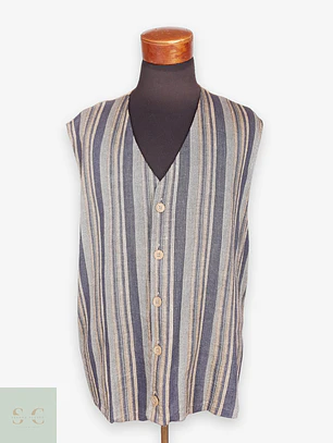 Chaleco Gilet Rayas Azules y Café Algodón Lino Talla 2XL