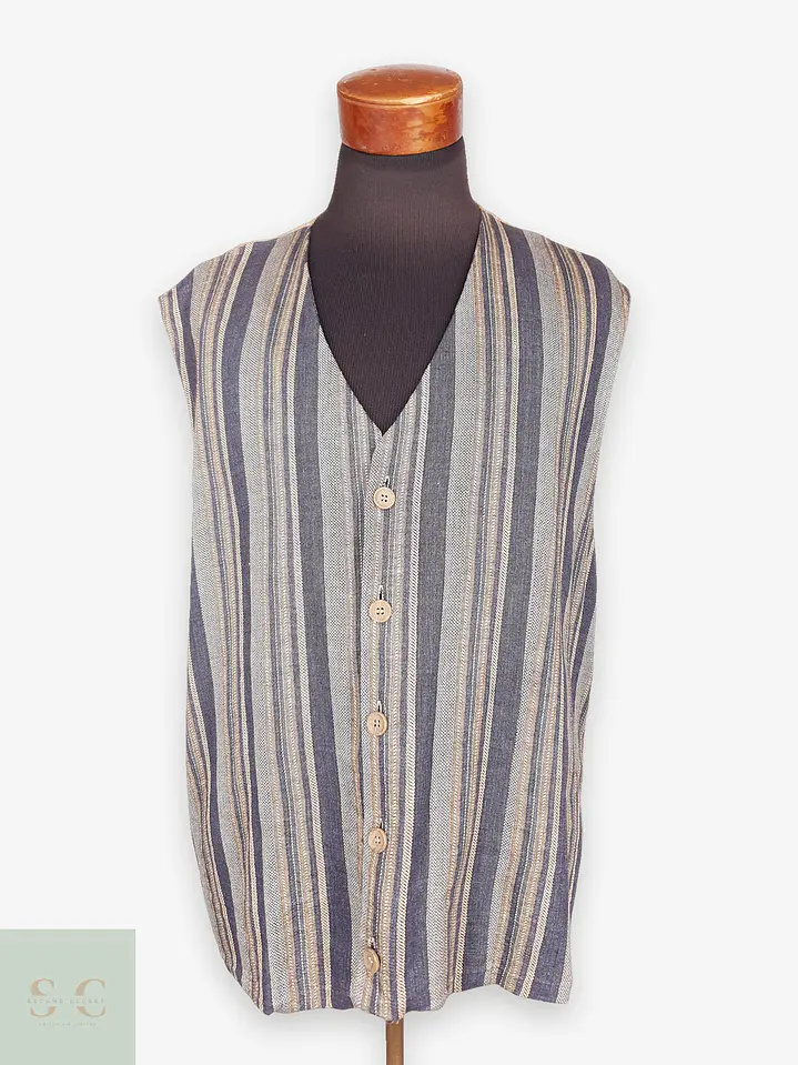 Chaleco Gilet Rayas Azules y Café Algodón Lino Talla 2XL 1