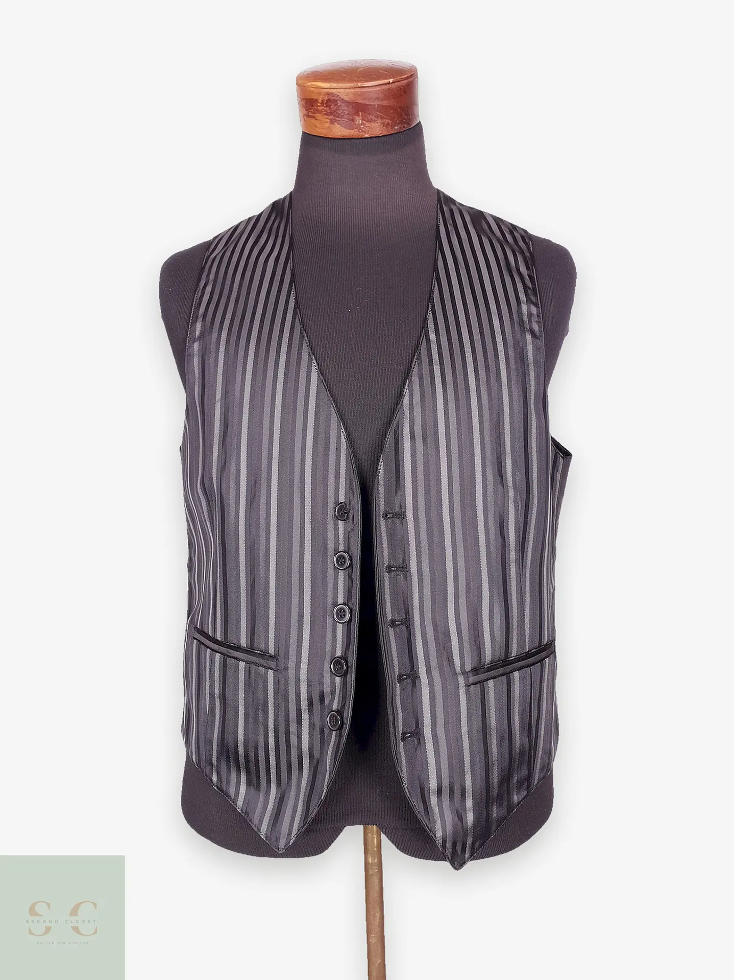 Chaleco - Gilet C&A Negro Rayas Plomo Reversible Talla S 1