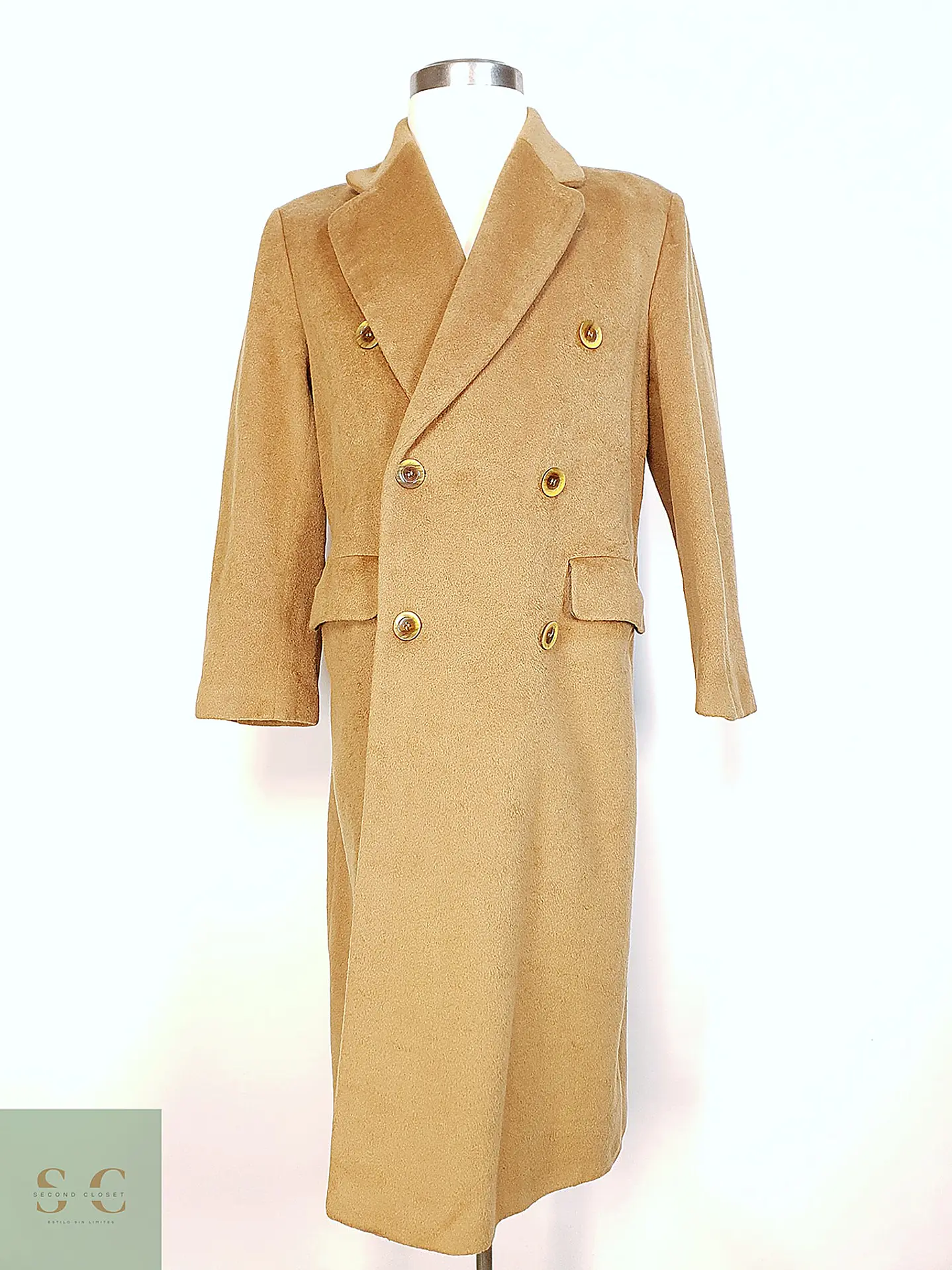 Abrigo Largo Cruzado Camel Italiano 100% Lana Virgen Talla M 2