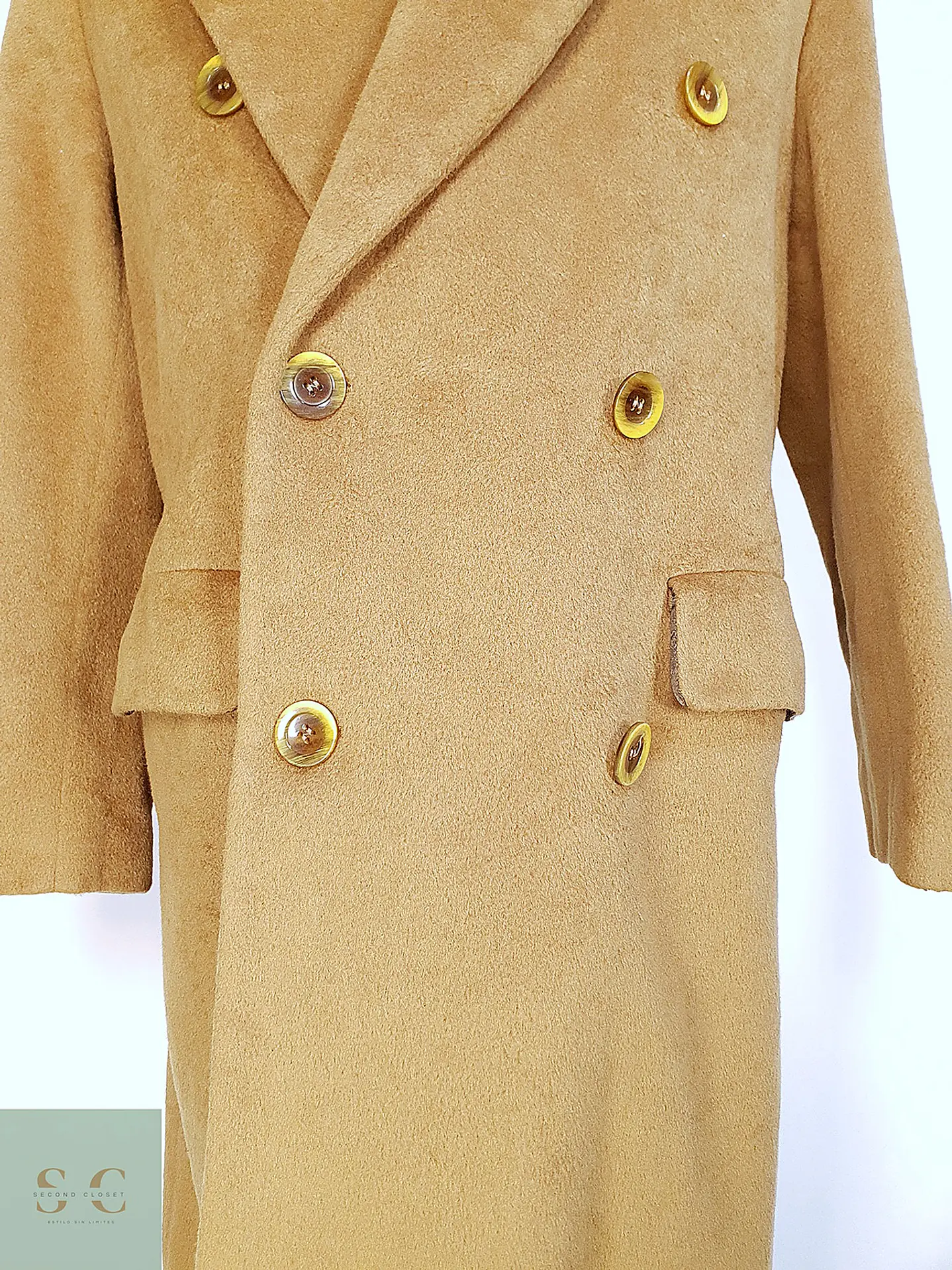 Abrigo Largo Cruzado Camel Italiano 100% Lana Virgen Talla M 3