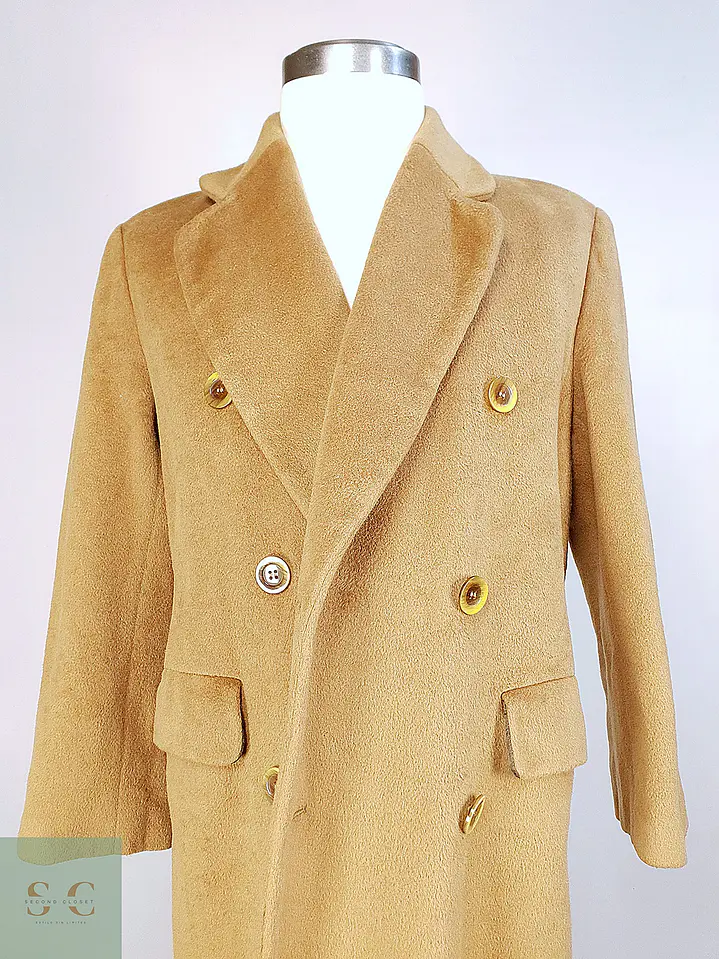 Abrigo Largo Cruzado Camel Italiano 100% Lana Virgen Talla M 15