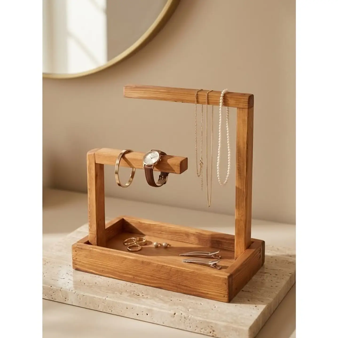 Organizador de Joyas de Madera con Bandeja | Soporte para Relojes, Pulseras y Collares 3