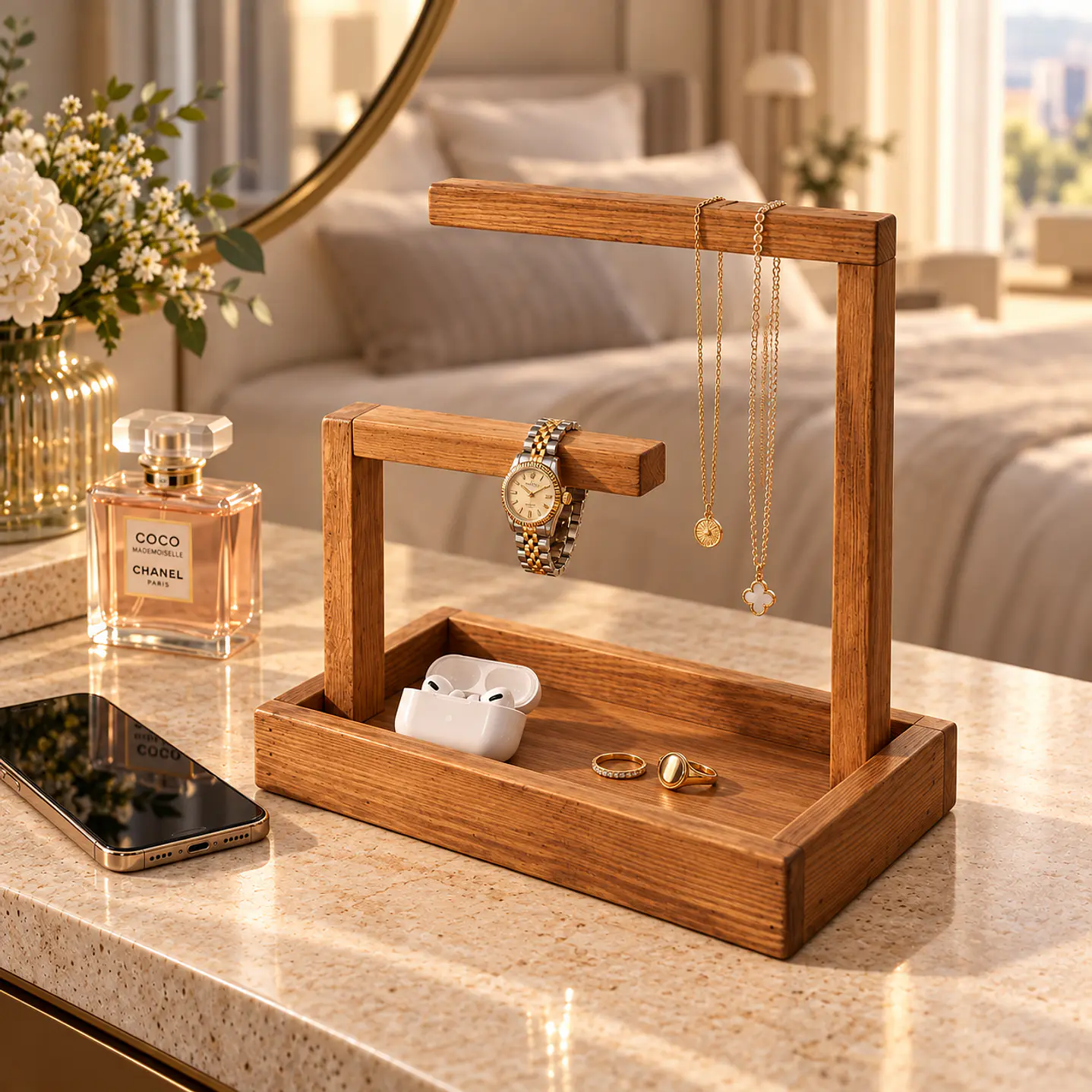 Organizador de Joyas de Madera con Bandeja | Soporte para Relojes, Pulseras y Collares 1