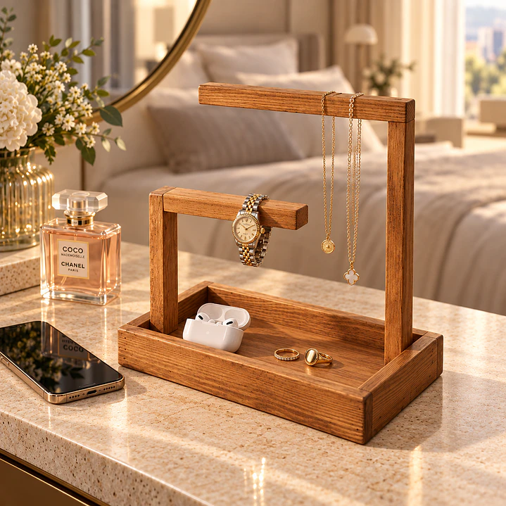 Organizador de Joyas de Madera con Bandeja | Soporte para Relojes, Pulseras y Collares 1
